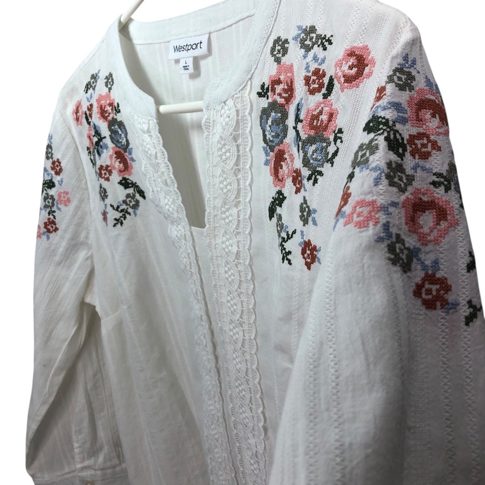 Westport L Blouse Top Cotton Crochet Needlepoint Floral Crochet Boho 3/4 Sleeve - Picture 7 of 8